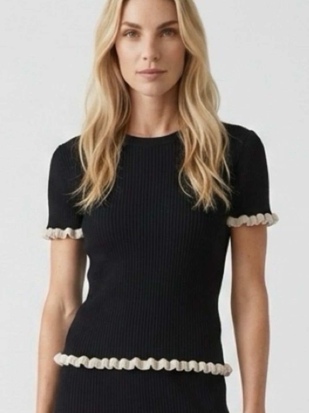 INDUSTRY Ribbed Knit Top with Ruffle Trim